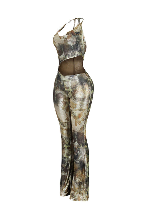 Shine Cutout Foil Halter Jumpsuit